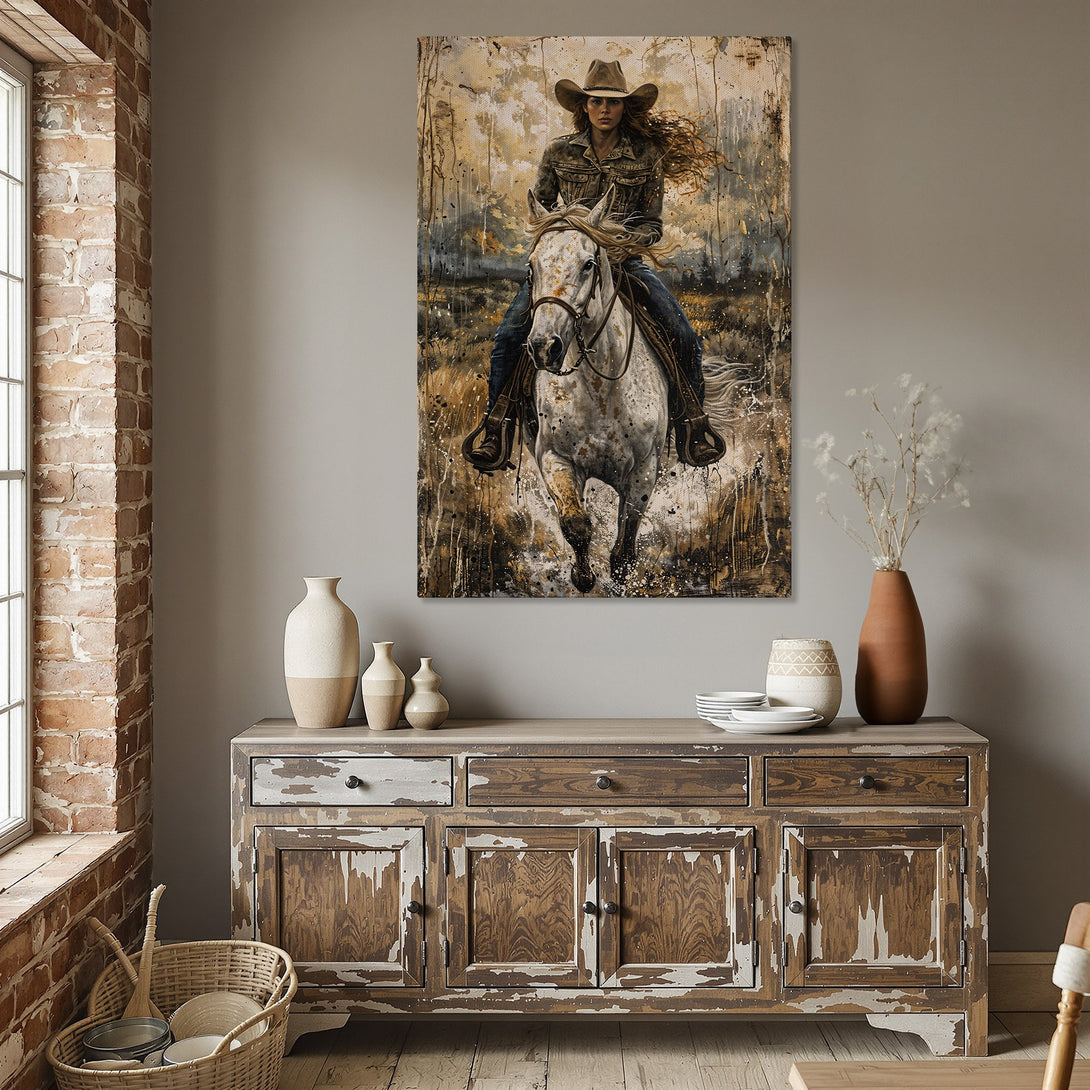 Framed Wall Art: Cowgirl on horse in abstract style, warm earthy tones. Perfect for rustic decor. Add a touch of the wild west to your space!