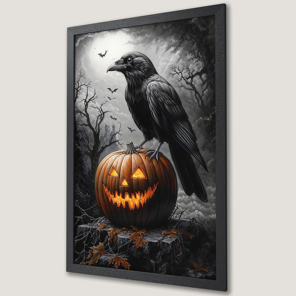 Framed Poster featuring a spooky raven on a pumpkin. Gothic style, grayscale with orange accents. Perfect Halloween decor!