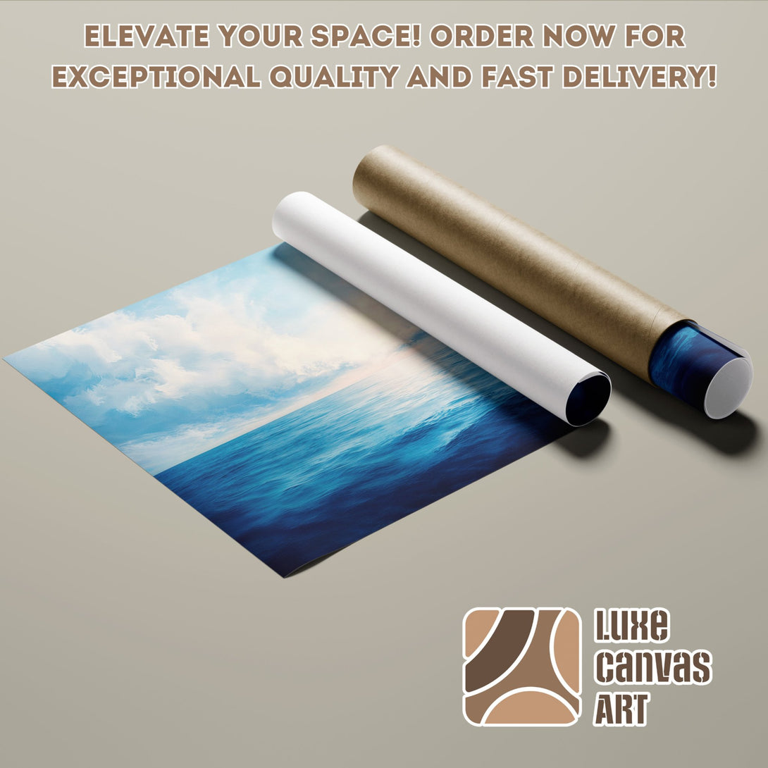 Ocean wave art poster roll in blue and white, ready to elevate your space.