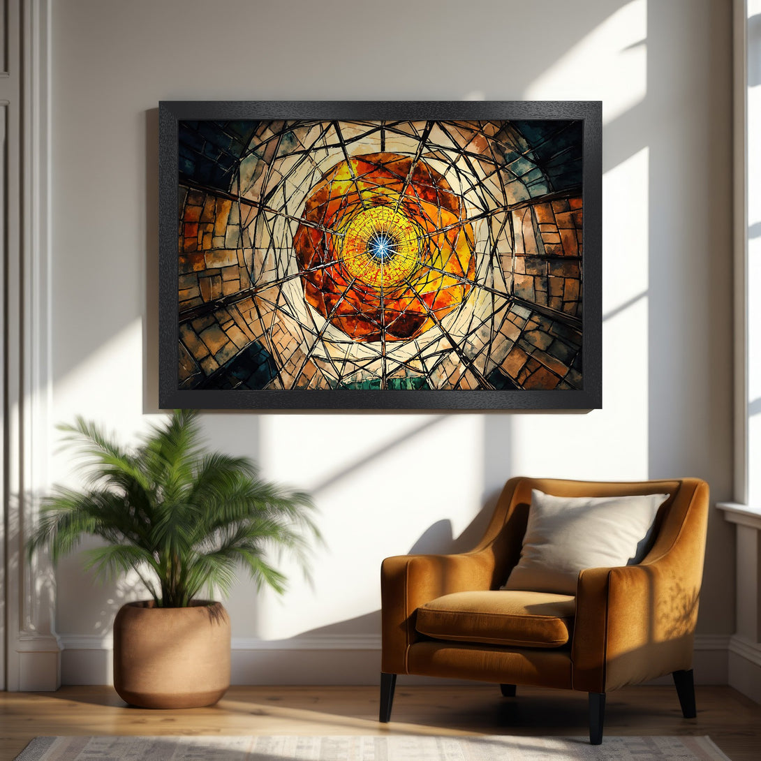 Framed Poster featuring abstract stained glass design in warm orange and blue tones, perfect for modern decor.