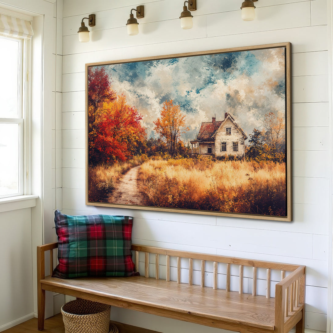 Framed Wall Art: Rustic landscape Canvas Print with warm autumn colors. Featuring a cozy farmhouse, this art adds a touch of nature and charm to any space.