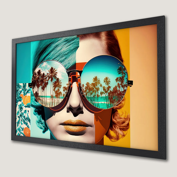 Framed Poster featuring a woman with sunglasses reflecting a beach scene. Pop art style with a vibrant teal, orange, and yellow color palette.