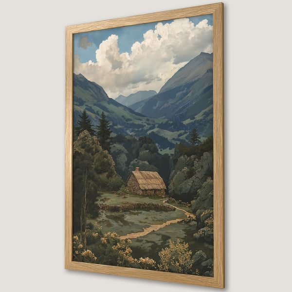 Framed Poster of a serene mountain landscape painting. Features a cabin in a valley, with a muted green and blue color palette. Perfect wall art.