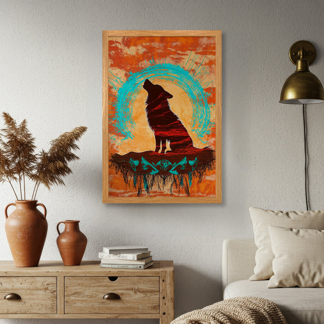Framed Poster featuring a howling wolf silhouette. Rustic style with orange, teal, and brown color palette. Perfect wall art!