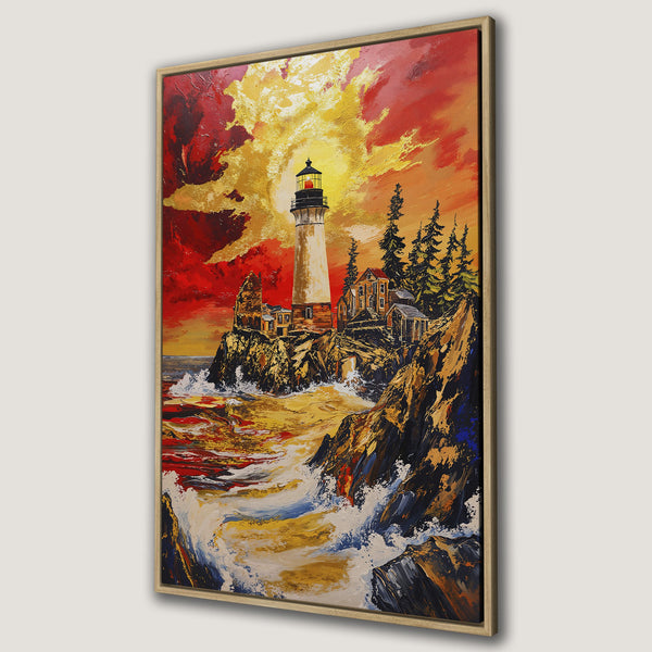 Framed Wall Art: Lighthouse painting with vibrant red, gold, and orange sunset. Coastal scene in an expressive, textured style. Perfect for adding warmth and art to your home.