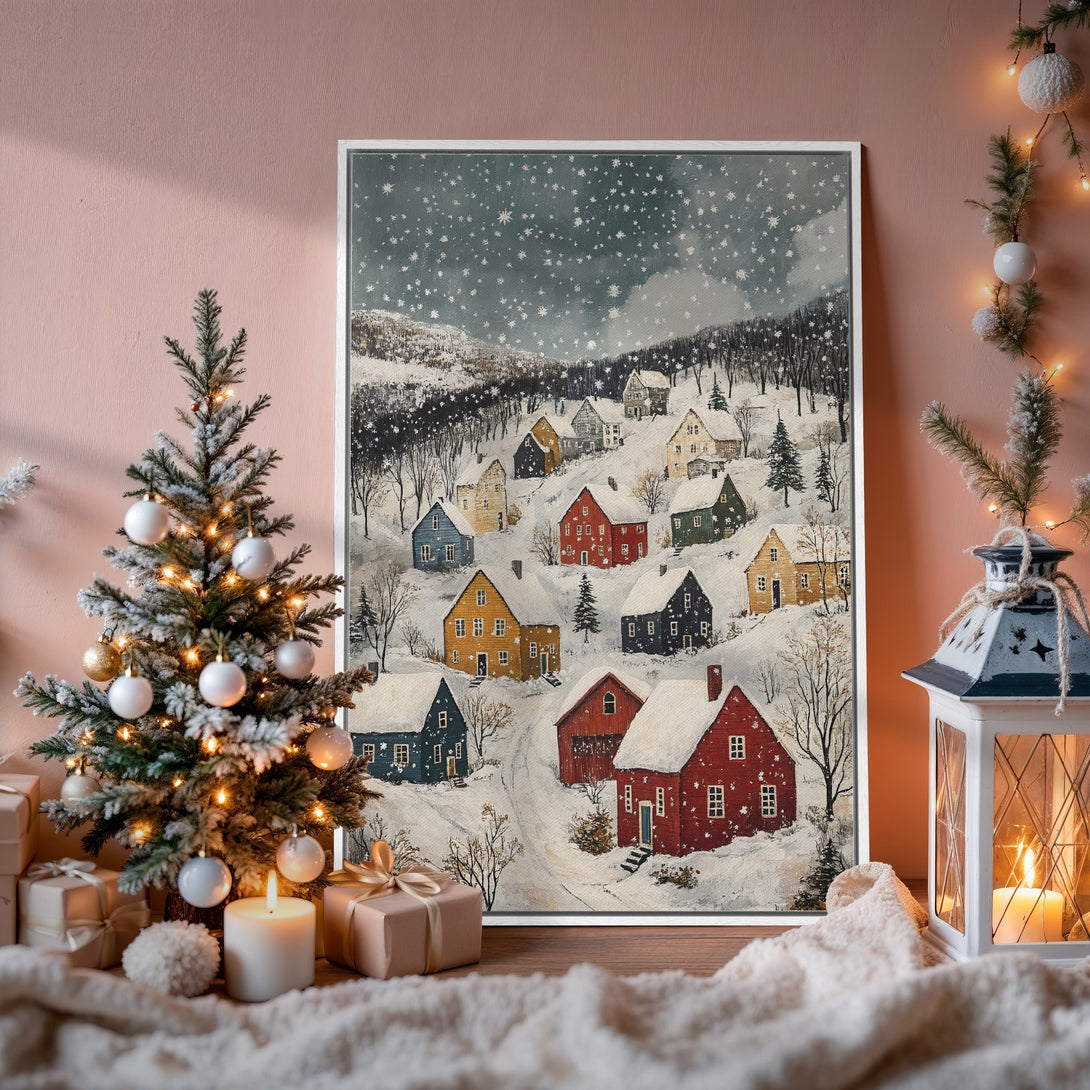 Framed Wall Art: Winter village scene in a cozy setting. Rustic style with a snowy landscape, colorful houses, and a warm, inviting color palette. Perfect for holiday decor!
