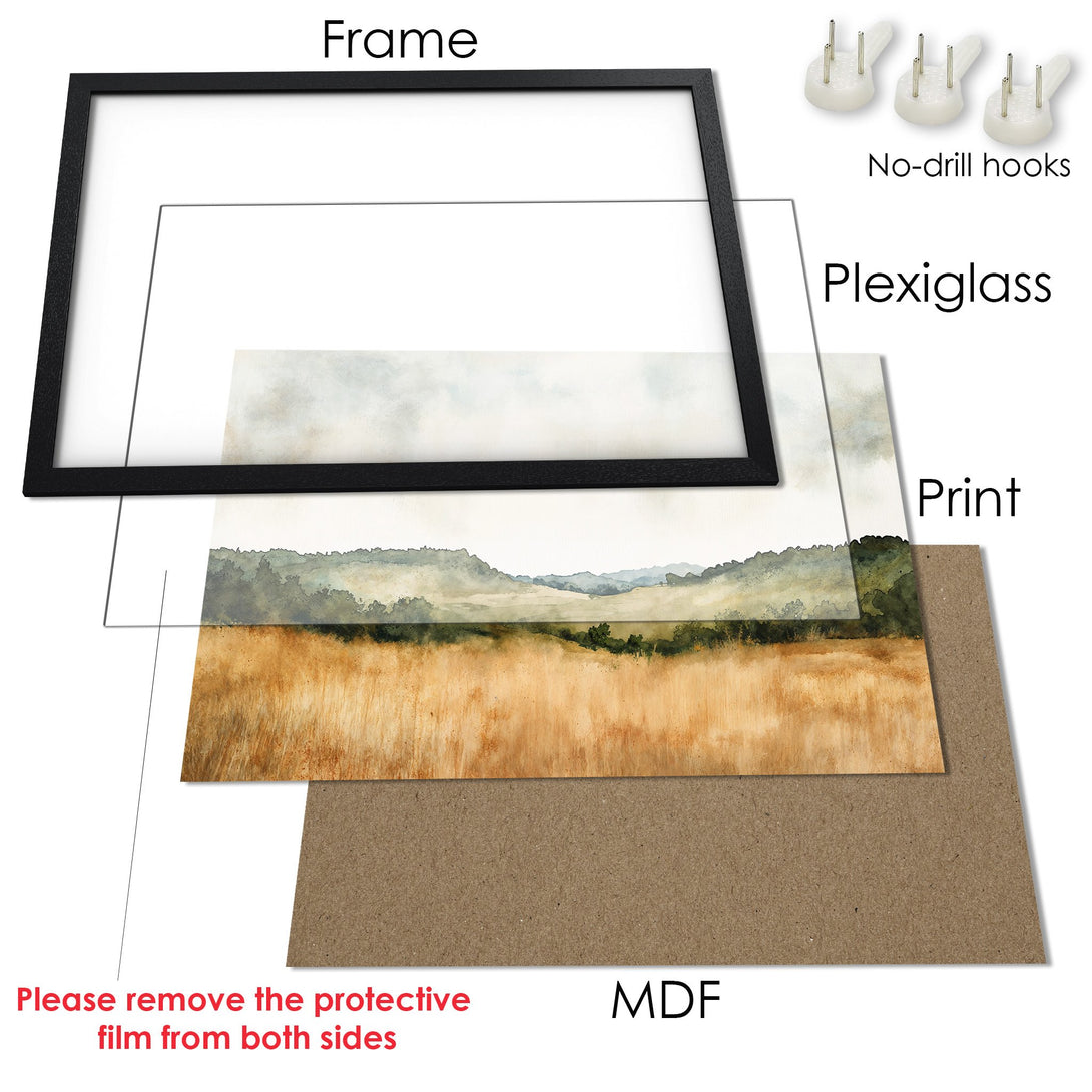 Framed Poster of a serene landscape in watercolor style. Earthy tones and calming aesthetic. Add art to your walls!
