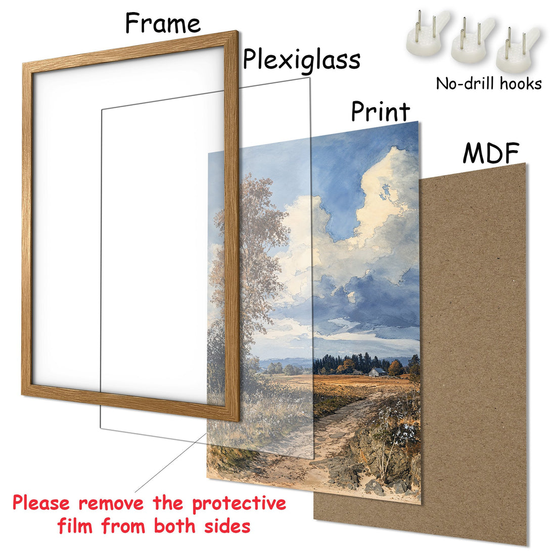Framed Poster featuring a scenic landscape in watercolor style with a blue and earth-toned palette. Ready to hang!