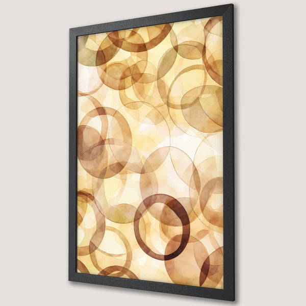 Framed Poster featuring abstract watercolor circles in warm brown and yellow tones. Modern art print perfect for home decor.
