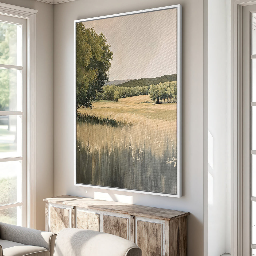 Framed Wall Art: Landscape painting in a neutral color palette. Elevate your space with this serene canvas print, featuring a calming nature scene. Perfect for any room!