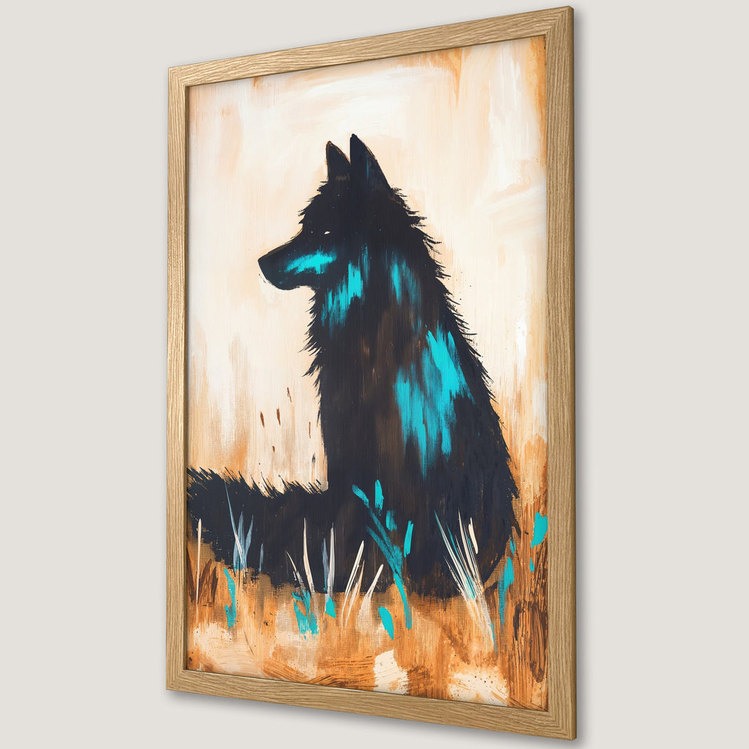 Framed Poster featuring a black wolf with turquoise accents, painted in an abstract style with a warm, earthy color palette. Perfect wall art!