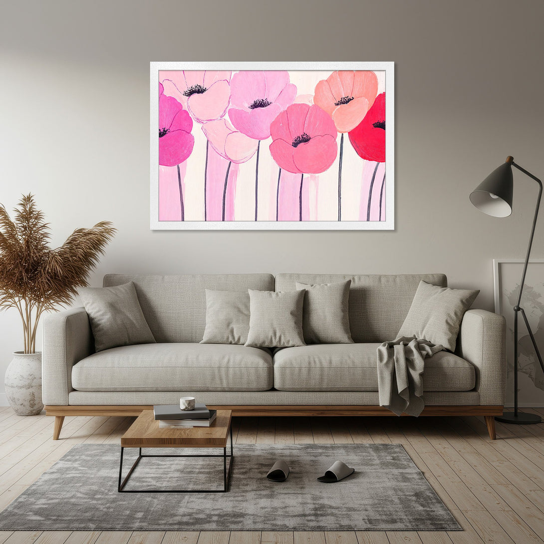 Framed Poster featuring pink poppy flowers in a modern art style. Soft pink and red color palette adds a touch of elegance to any room.