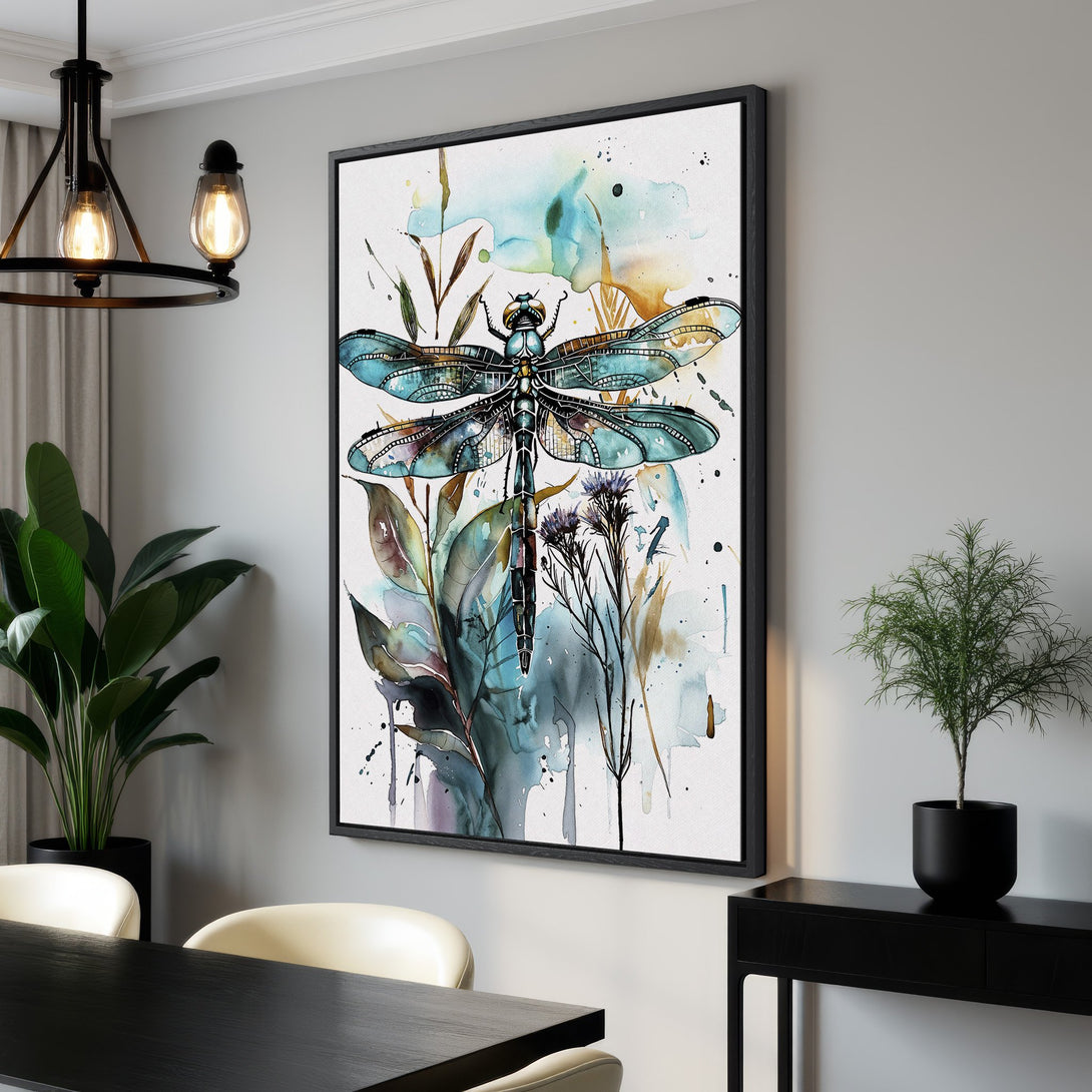 Framed Wall Art: Watercolor dragonfly print in blue and teal hues. Modern art for living room or bedroom. Shop canvas art today!