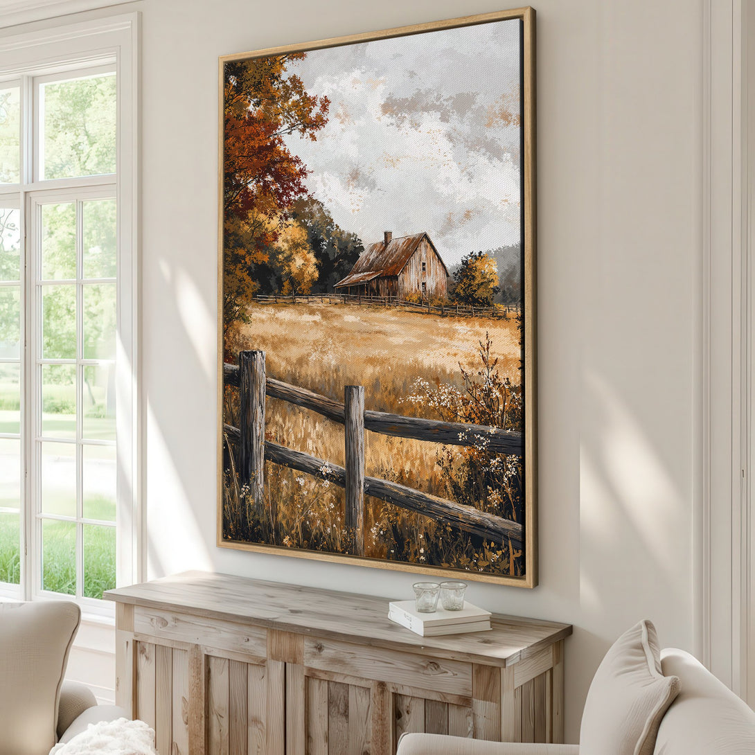 Framed Wall Art: Rustic barn landscape Canvas Print in warm autumn tones. Perfect farmhouse decor for a cozy living room.