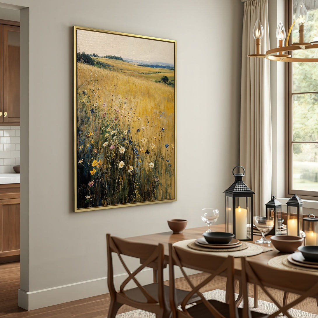 Canvas Print of a serene field landscape, featuring wildflowers in a warm, earthy color palette. Perfect for rustic home decor.