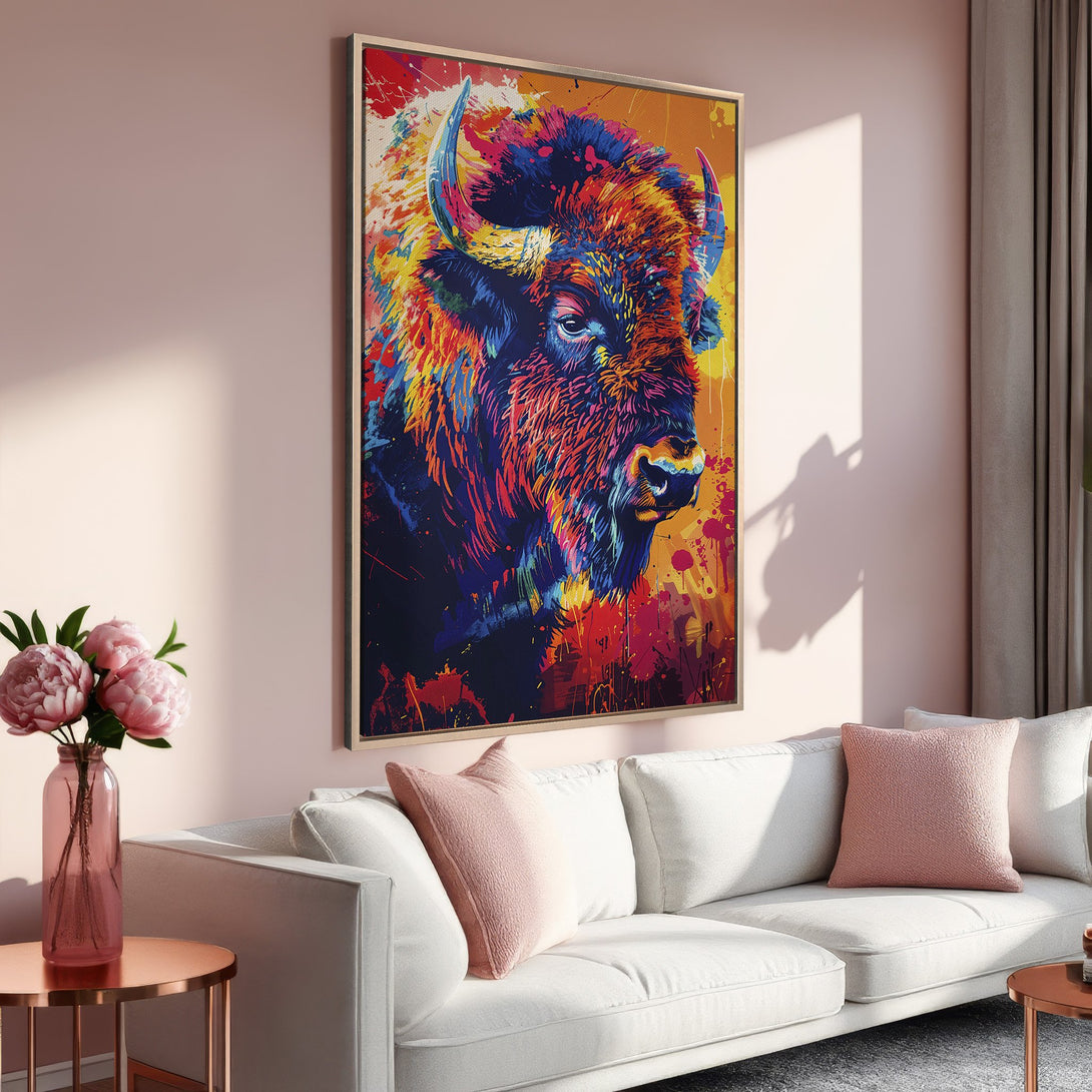 Framed Wall Art: Vibrant bison portrait in a modern, colorful style. Adds a pop of art with a bold, multi-color palette to any room.