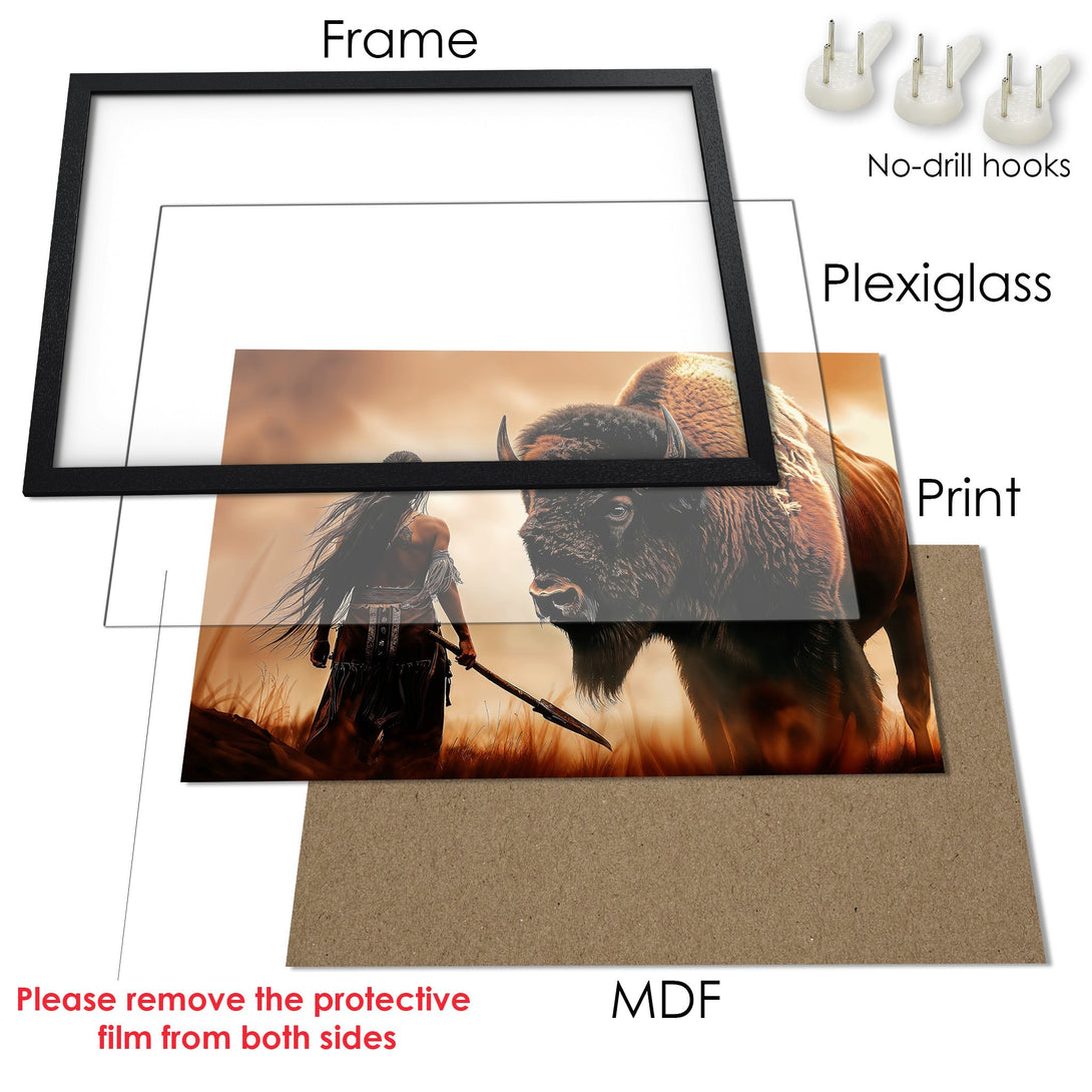 Framed Poster featuring a Native American warrior and bison in warm, earthy tones. Perfect wall art!