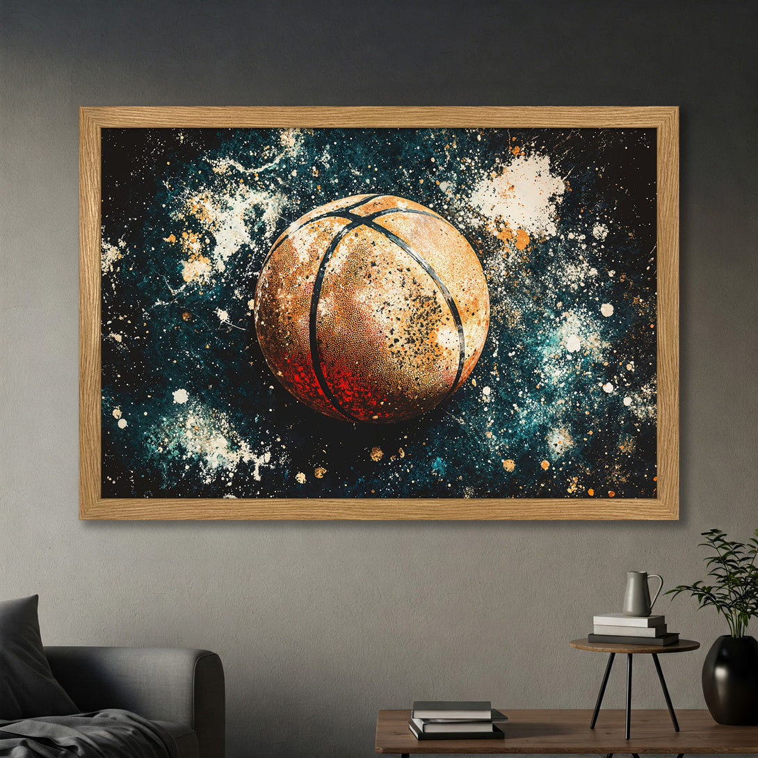 Framed Poster featuring a basketball in an abstract, space-like style with a teal and orange color palette. Perfect wall art for sports fans!