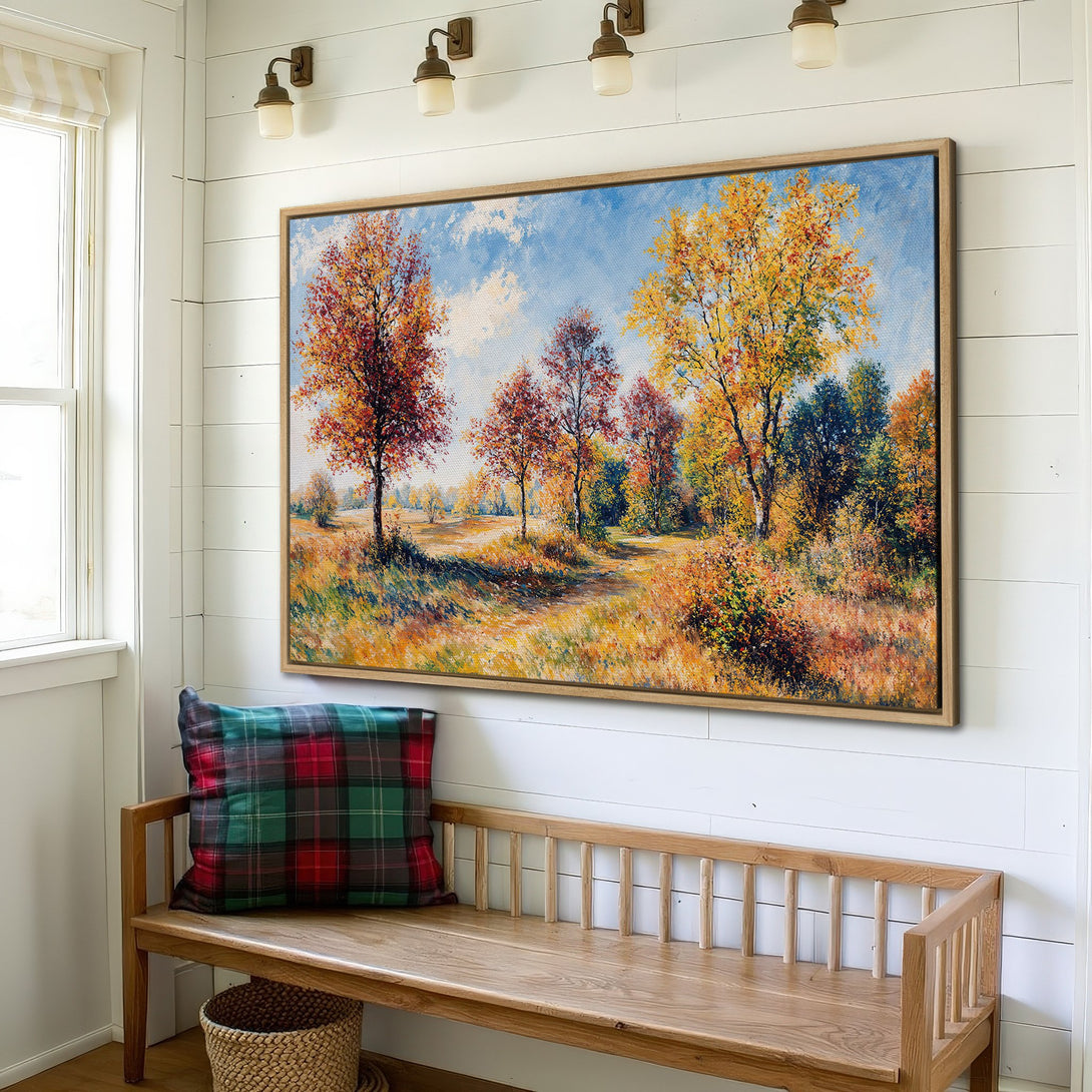 Framed Wall Art: Autumn landscape Canvas Print with vibrant fall colors. Rustic style art perfect for home decor. Warm, inviting palette.