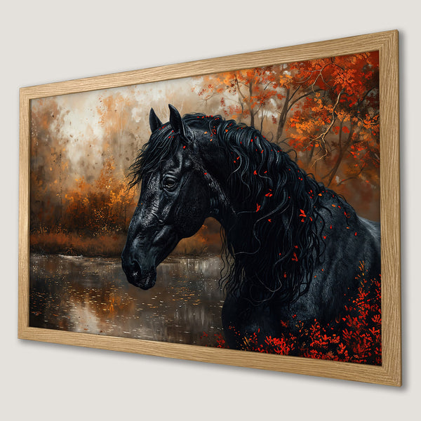 Framed Poster featuring a black horse in an autumn landscape. Artistic style with warm orange and brown color palette. Perfect wall art!
