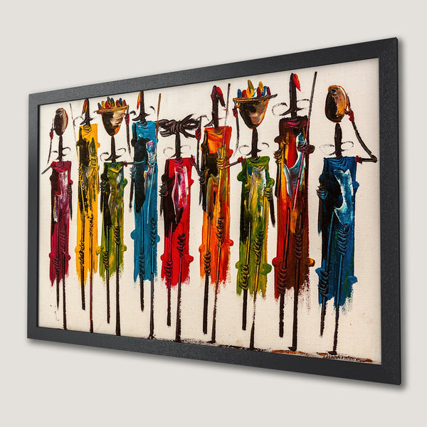 Framed Poster featuring colorful abstract figures. Bold brushstrokes with a vibrant palette of reds, yellows, blues, and greens.