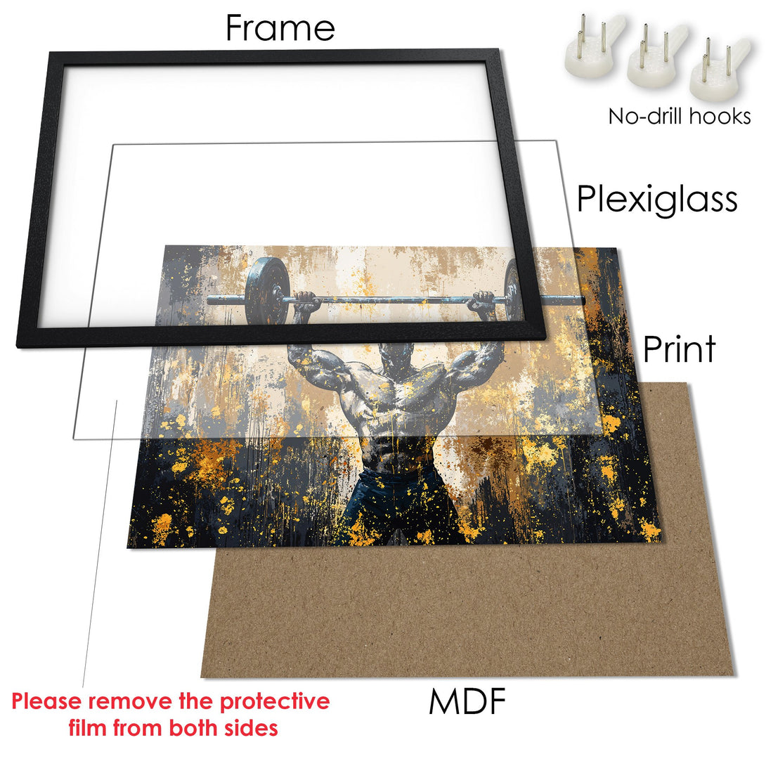 Framed Poster featuring a weightlifter in an abstract style with gold and black accents. Elevate your space with this stunning art!