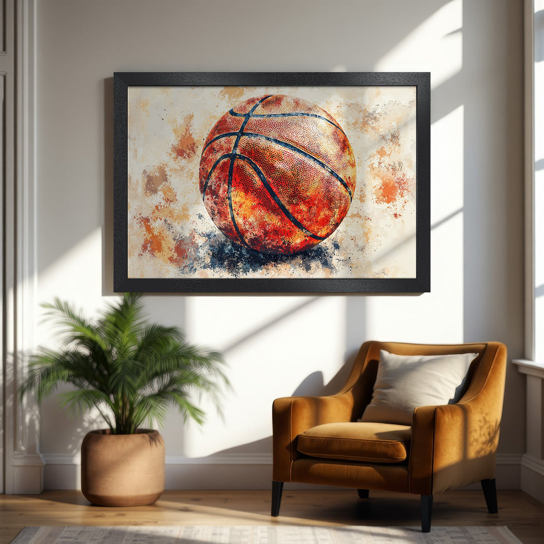 Framed Poster featuring a watercolor basketball. Warm orange and brown tones create a stylish sports art print. Perfect wall decor!