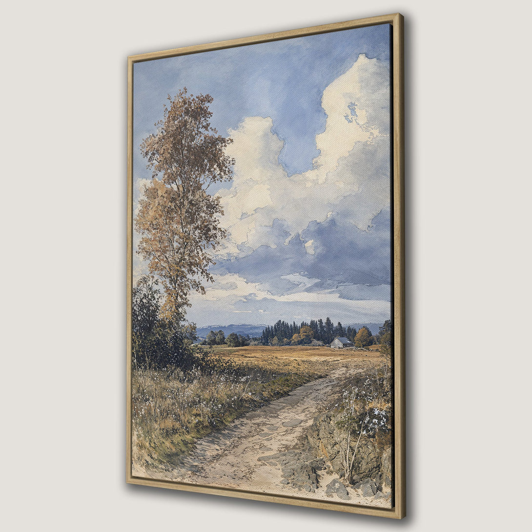 Framed Wall Art: Landscape Canvas Print featuring a serene watercolor scene with a tree, path, and sky in muted earth tones and blues. Perfect for home decor.