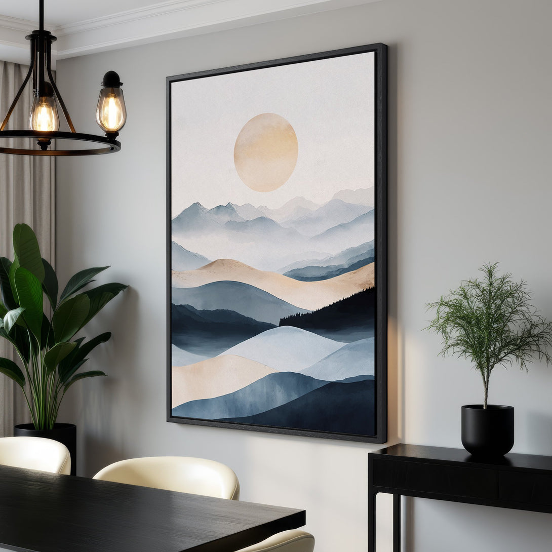 Framed Wall Art featuring a serene mountain landscape in a watercolor style. Soft blue and beige tones create a calming atmosphere for your home.