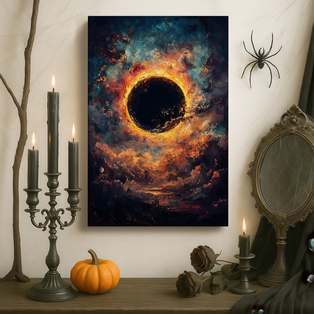 Framed Wall Art featuring an abstract celestial scene in a dramatic, painterly style with a warm, fiery color palette. Perfect for a statement piece!
