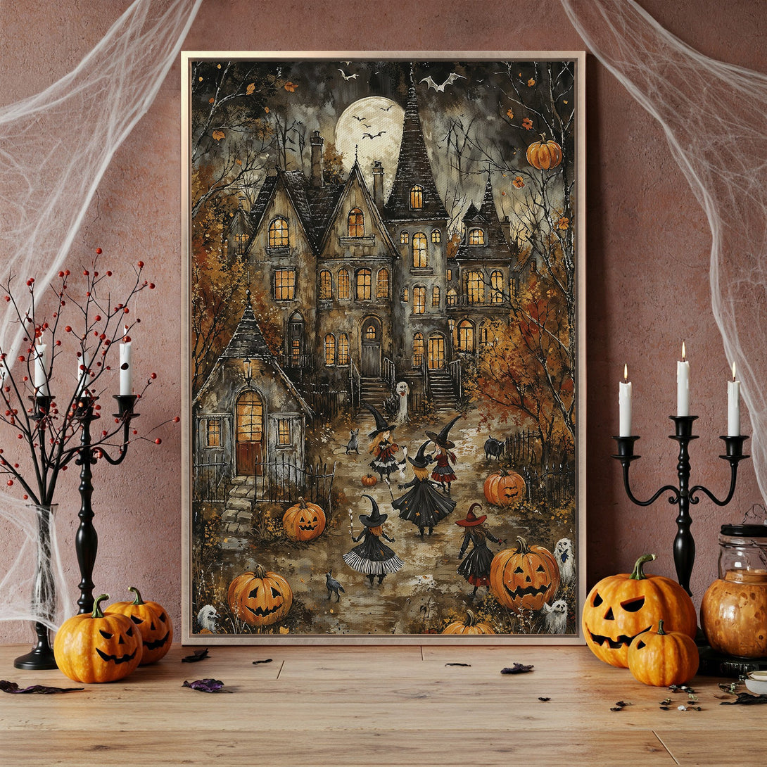 Framed Wall Art featuring a spooky Halloween scene with a haunted house, witches, and pumpkins. Warm autumnal color palette. Perfect for seasonal decor.