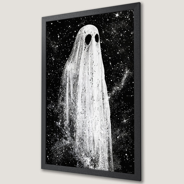 Framed Poster featuring a ghostly figure against a starry black and white background. Modern art print for spooky home decor.