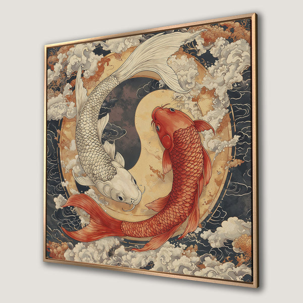Framed Wall Art: Yin Yang koi fish in Japanese style. Earthy tones with red, white, and navy blue. Perfect for adding zen to your space.