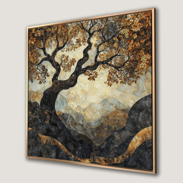 Framed Wall Art: Abstract tree art in gold, black, and brown tones. Modern canvas print for a stylish home decor upgrade.