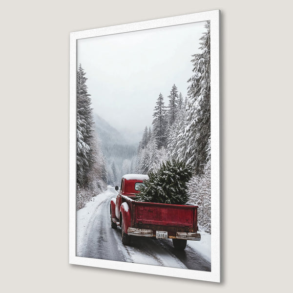 Framed Poster featuring a vintage red truck carrying a Christmas tree in a snowy forest. Rustic style, with a muted red, white, and green color palette.