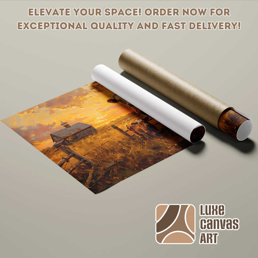 Poster Roll of a barn landscape painting in warm, earthy tones. Elevate your space!