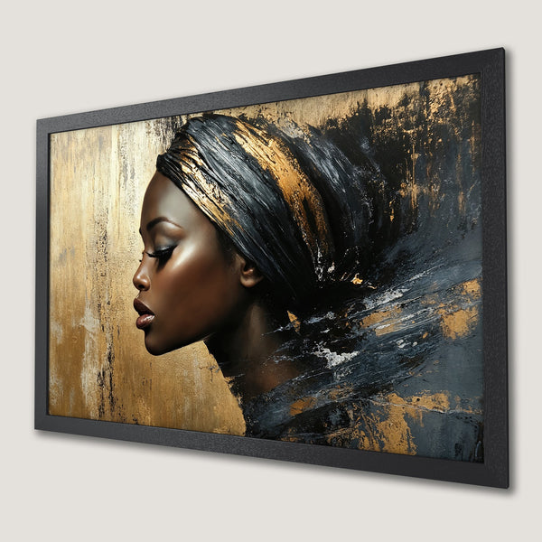 Framed Poster of a Black woman in abstract style, gold, black, and bronze color palette. Modern art for your home.