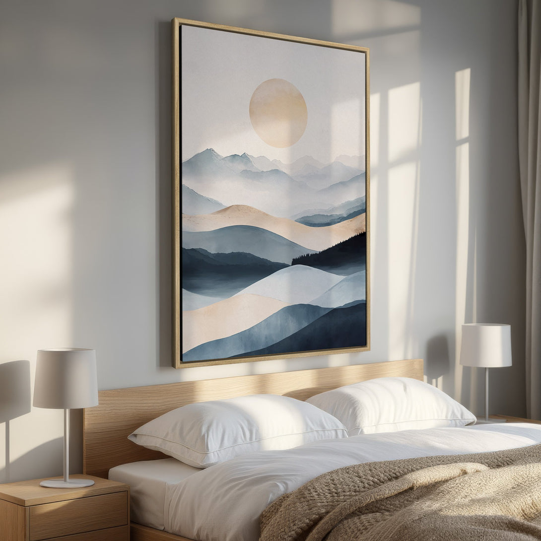 Framed Wall Art: Abstract landscape Canvas Print in blue and beige tones. Modern art for bedroom decor, serene and calming. Shop now!