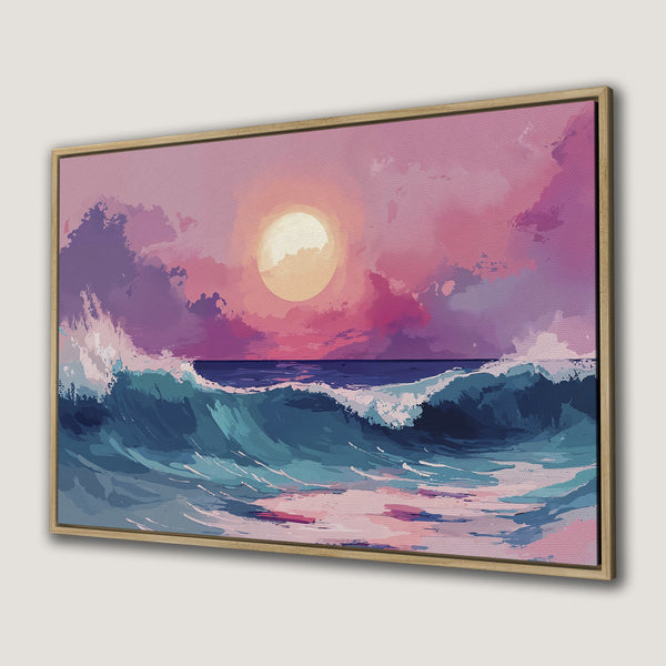 Framed Wall Art Canvas Print of ocean waves at sunset. Abstract style with pink, purple, and blue color palette. Perfect for coastal decor.