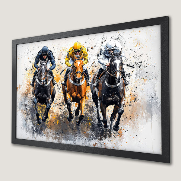 Framed Poster of horse racing action, artistic style, featuring jockeys and horses in a vibrant color palette of black, gold, and white.