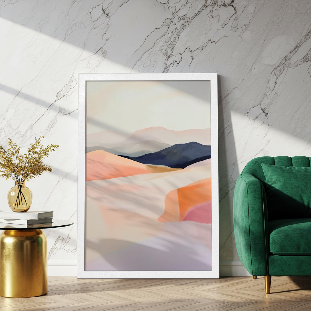 Framed Poster featuring an abstract landscape in soft pinks, blues, and oranges. Modern art style, perfect for home decor.