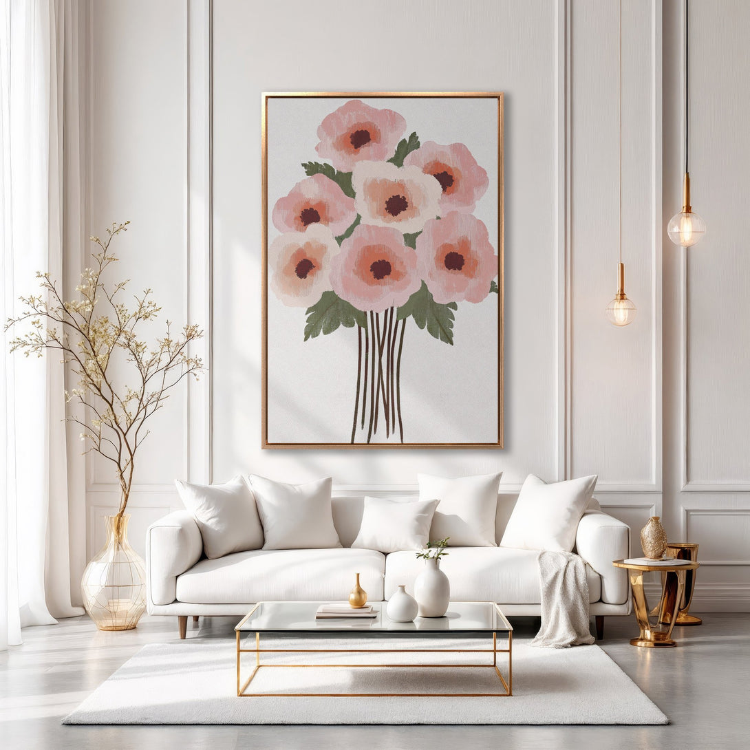 Framed Wall Art featuring a floral bouquet in soft pinks and greens. Modern, elegant style with a warm, neutral color palette, perfect for any living space.