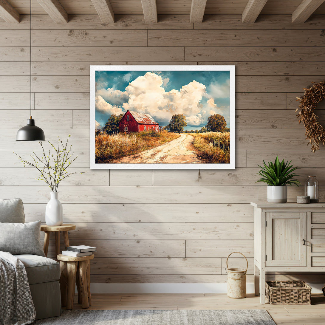 Framed Poster of a red barn landscape, rustic style with warm earth tones and blue sky. Perfect wall art!