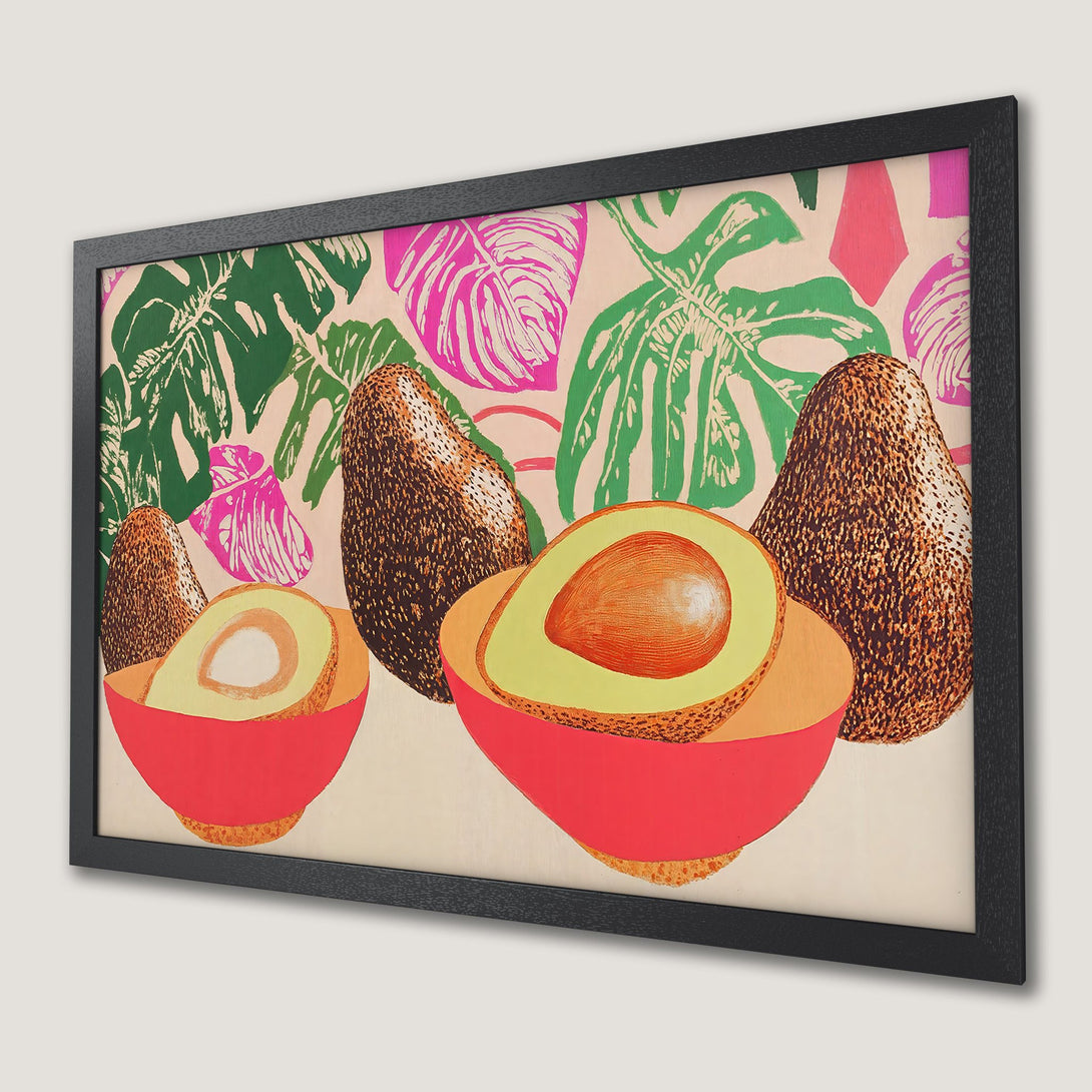 Framed Poster featuring vibrant avocado art with tropical leaves. Bold colors of red, green, pink, and brown. Perfect kitchen decor!