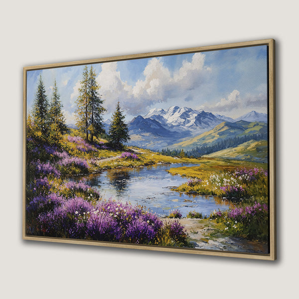 Canvas Print of a serene mountain landscape painting with a vibrant purple and green color palette, perfect for any home.