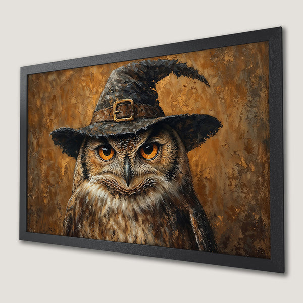 Framed Poster of a whimsical owl wearing a witch hat, painted in a textured, impressionistic style with a warm, earthy color palette.