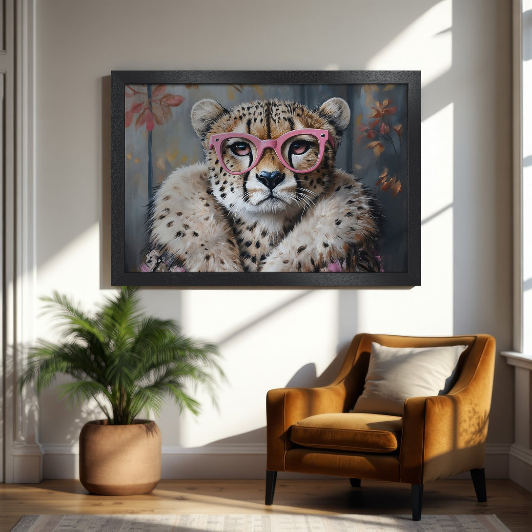 Framed Poster featuring a cheetah wearing pink glasses. Whimsical art in warm tones. Perfect wall decor for a stylish space.