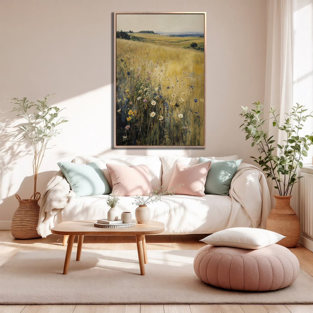 Framed Wall Art: Landscape canvas print with a field of wildflowers, warm yellow and green tones, displayed in a cozy, neutral-toned living room.