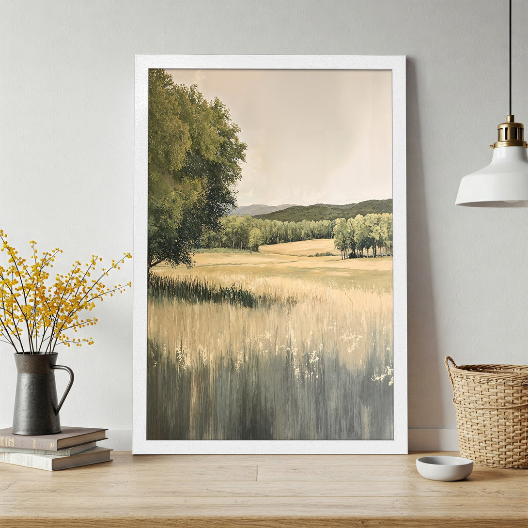 Framed Poster of a serene landscape painting in muted earth tones. Perfect wall art for a calming home decor.