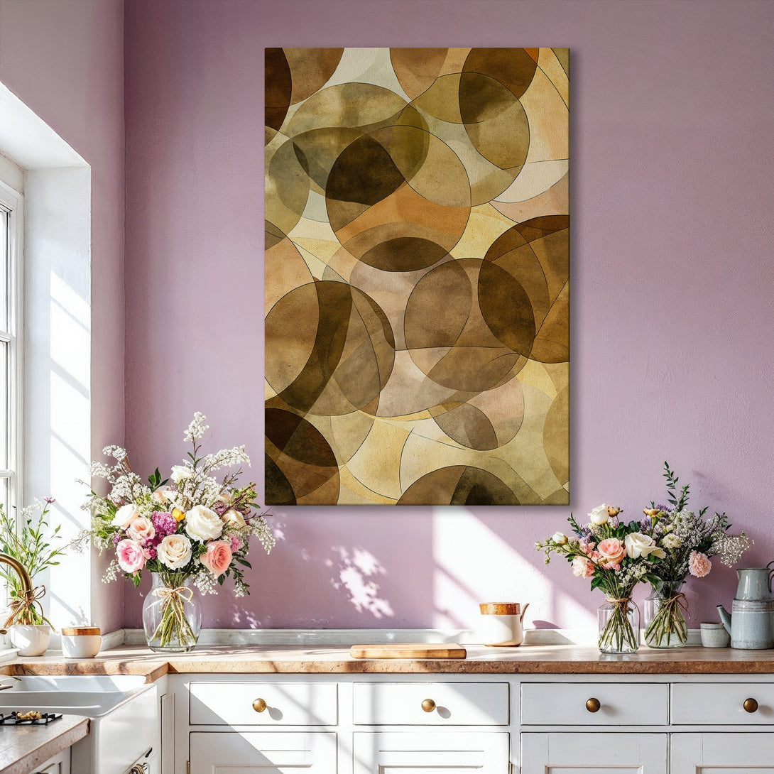 Framed Wall Art featuring an abstract geometric design in warm brown and beige tones. Perfect for adding a touch of modern elegance to your living room.